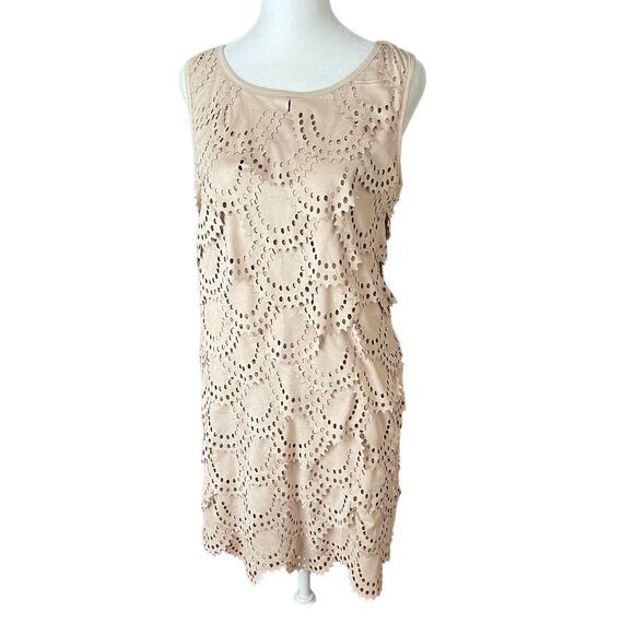 TATA Jolie Medium Shift Dress Beige Sleeveless Tiered Cutout Eyelet - Picture 5 of 9